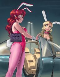2girls animal_ear_headband animal_ears asymmetrical_bangs bag black_leotard blonde_hair blue_bow blue_bowtie blue_eyes bow bowtie breasts brown_jacket car character_request closed_mouth collar commentary english_commentary fake_animal_ears fake_tail feet_out_of_frame freckles from_side handbag highres jacket large_breasts leotard leotard_under_clothes motor_vehicle multiple_girls night night_sky open_door open_mouth original outdoors pantyhose pink_leotard pink_pantyhose playboy_bunny rabbit_ears rabbit_tail red_bow red_bowtie red_hair short_hair shoulder_strap sideboob sky smile strapless strapless_leotard tail teeth thescarletone upper_body upper_teeth_only white_collar white_wrist_cuffs wrist_cuffs