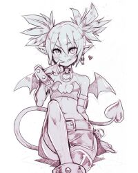 Rule 34 | 1girl, choker, commentary, demon girl, demon tail, demon wings, disgaea, earrings, elbow gloves, english commentary, etna (disgaea), flat chest, gloves, greyscale, heart, highres, jewelry, licking lips, looking at viewer, miniskirt, monochrome, navel, o-ring, o-ring choker, parororo, pointy ears, simple background, skirt, skull earrings, solo, tail, thighhighs, tongue, tongue out, wings