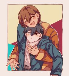 Rule 34 | 2boys, alternate costume, antenna hair, arm up, bailan1130, black eyes, black hair, blush, border, brown hair, cataracts, closed eyes, closed mouth, coat, dark-skinned male, dark skin, green coat, highres, hug, hug from behind, kel (faraway) (omori), kel (omori), long sleeves, male focus, multiple boys, omori, open mouth, orange coat, scarf, short hair, smile, spoilers, sunny (omori), white border, white eyes, white scarf