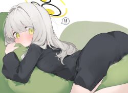 ! !! 1girl ass black_shirt blue_archive blush closed_mouth green_eyes grey_hair hair_down halo hare_(blue_archive) hare_(pajamas)_(blue_archive) highres long_sleeves looking_at_viewer lying mikozin official_alternate_costume on_stomach pajamas pillow shirt sidelocks solo sweat white_background