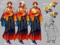 1boy ahoge black_hair reference_sheet folding_fan hand_fan heterochromia highres holding holding_fan holostars japanese_clothes kimono laughing looking_at_viewer male_focus mebaru mole mole_under_eye multicolored_hair multiple_views official_alternate_costume open_mouth orange_eyes orange_hair paper_fan purple_eyes shirt short_hair smile virtual_youtuber yukoku_roberu yukoku_roberu_(3rd_costume)