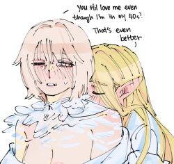 2girls aged_up blonde_hair blush breasts cleavage closed_eyes commentary dohwa110 dungeon_meshi ear_blush elf english_commentary english_text falin_touden falin_touden_(tallman) feathers grey_hair highres large_breasts marcille_donato mature_female multiple_girls off_shoulder one_eye_closed pointy_ears shirt simple_background white_background white_shirt yellow_eyes yuri