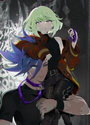 2boys androgynous arm_up armband belt belt_buckle black_belt black_pants black_shirt blue_collar blue_eyes blue_hair buckle closed_mouth collar commentary_request crew_neck dot_mouth elbow_on_another&#039;s_head feet_out_of_frame firefighter_jacket galo_thymos green_hair highres holding holding_leash jacket kaninn leash leg_belt lio_fotia long_sleeves looking_at_another multiple_boys one_eye_closed pants parted_lips promare purple_eyes shirt short_hair short_sleeves single_bare_shoulder sitting_on_shoulder sleeveless sleeveless_shirt smile