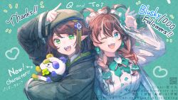2girls ;d ahoge arm_up black_jacket black_shirt blonde_hair braid breasts brown_hair collared_shirt commentary_request fang green_background green_eyes green_ribbon hair_between_eyes hair_over_shoulder hair_ribbon ittokyu jacket looking_at_viewer low_twintails medium_breasts milestone_celebration multicolored_hair multiple_girls one_eye_closed open_mouth original pointy_ears qr_code ribbon shirt simple_background sleeves_past_wrists smile streaked_hair thank_you translation_request twin_braids twintails upper_body watermark white_jacket wide_sleeves
