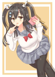 1girl :d black_hair black_pantyhose blunt_ends blush book bow bowtie breasts commentary_request crossed_legs drop_shadow dutch_angle feet_out_of_frame finger_to_mouth from_above fuyukichi_(nikoniko1567) grey_sailor_collar grey_skirt hair_between_eyes hair_ornament hair_ribbon hairclip hands_up highres holding holding_book index_finger_raised large_breasts long_hair looking_at_viewer miniskirt open_book open_mouth pantyhose parallel_hairclips plaid_clothes plaid_skirt pleated_skirt red_bow red_bowtie ribbon sailor_collar sanoba_witch school_uniform serafuku simple_background sitting skirt sleeves_past_wrists smile solo straight_hair sweater togakushi_touko two-tone_background two_side_up white_background white_ribbon white_sweater yellow_background yellow_eyes
