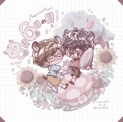 Rule 34 | 2boys, amamiya ren, animal ears, apple, black-framed eyewear, black hair, blue shirt, brown footwear, brown hair, brown shorts, chibi, closed eyes, commentary request, confetti, dated, flower, food, fruit, full body, grey eyes, grid background, hamster boy, hamster ears, hamster tail, highres, holding, holding food, male focus, maruki takuto, multiple boys, mushroom, nono ppppp, persona, persona 5, persona 5 the royal, seed, shirt, short hair, shorts, signature, small sweatdrop, sunflower, sunflower seed, suspenders, tree, twitter username