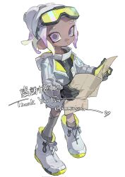 1girl black_gloves black_shirt boots closed_mouth commentary commission dark-skinned_female dark_skin expressionless eyebrow_cut full_body gloves goggles goggles_on_head grey_thighhighs highres holding holding_paper jacket long_sleeves looking_at_viewer nintendo octoling octoling_girl octoling_player_character open_clothes open_jacket p-pepper paper parted_bangs ponytail purple_eyes purple_hair shirt short_hair solo splatoon_(series) standing symbol-only_commentary tentacle_hair thank_you thighhighs white_background white_boots white_jacket