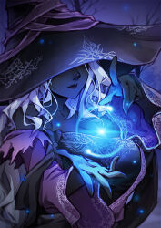 Rule 34 | 1girl, bare shoulders, black hat, closed mouth, commentary, covered eyes, dark-skinned female, dark skin, elden ring, elden ring nightreign, english commentary, hat, large hat, lips, long hair, magic, recluse (elden ring), solo, vmat, white hair, witch, witch hat