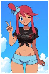 1girl 2024_pokemon_teraleak black_shirt blue_eyes blue_sky breasts crossover curvy dark-skinned_female dark_skin elbow_gloves gloves heart highres i_just_love_latinas_sonic_(meme) logo looking_at_viewer mcarthur1010 navel nintendo one_eye_closed outdoors pokemon pokemon_bw print_shirt red_hair shadow_the_hedgehog_(game) shirt shorts sky skyla_(pokemon) smile solo sonic_(series) v