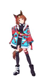 Rule 34 | 1girl, animal ears, bad link, badge, belt, black boots, black garter straps, black gloves, black shirt, black shorts, black thighhighs, blue coat, boots, breasts, brown hair, button badge, closed mouth, coat, contrapposto, ear ornament, fanny pack, fingerless gloves, full body, game model, garter straps, gloves, hand on own hip, hand up, headphones, headphones around neck, highres, horse ears, horse girl, horse tail, long sleeves, looking at viewer, multicolored hair, open clothes, open coat, pink belt, red eyes, shirt, short hair, shorts, small breasts, smile, solo, standing, streaked hair, tachi-e, tail, thighhighs, transcend (umamusume), transparent background, umamusume, white hair