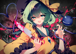 1girl black_hat blush breasts collarbone collared_shirt fingernails frilled_shirt_collar frilled_sleeves frills green_eyes green_hair green_nails hair_between_eyes hat hat_ribbon heart heart_of_string highres holding holding_knife knife komeiji_koishi long_sleeves looking_at_viewer medium_breasts nail_polish open_mouth ribbon sakurame shirt short_hair smile solo third_eye touhou wide_sleeves yellow_ribbon yellow_shirt