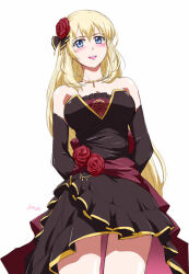 1girl agnes_claudel arms_behind_back artist_name bare_shoulders black_dress blonde_hair blue_eyes blush breasts cowboy_shot detached_sleeves double-parted_bangs dress eiyuu_densetsu flower hair_between_eyes hair_flower hair_ornament kai_no_kiseki kuro_no_kiseki_(series) large_breasts long_hair open_mouth sidelocks simple_background smile solo white_background xiacheng_tatsuya
