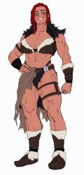 1girl abs absurdres barbarian bare_arms belt biceps boots bra breasts brown_footwear cleavage_cutout clothing_cutout collarbone fur-trimmed_bra fur_armlet fur_trim green_eyes hand_on_own_hip highres huge_breasts leather_belt long_hair midriff muscular muscular_female original red_hair smile sotcho teeth thick_thighs thighs underwear white_background
