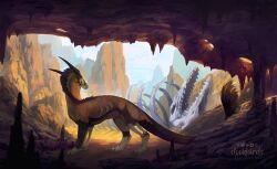 animal_focus animal_skeleton artist_name blue_sky clockbirds cloud commentary day desert dinosaur english_commentary fossil horns looking_at_object making-of_available mountain no_humans orange_scales orange_tail original outdoors photoshop_(medium) sky solo watermark