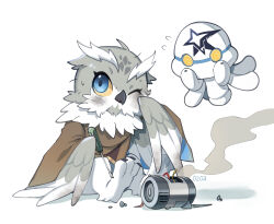 Rule 34 | 1boy, animal, animal focus, bird, blue eyes, brown cloak, cloak, clothed animal, commentary, creature, dirty, dirty face, english commentary, flying sweatdrops, highres, holding, holding screwdriver, jellyfish, machine, merck (astel leda), mono (bluesky), one eye closed, owl, poruneu, screw, screwdriver, sitting, smoke, star animals, wiping face