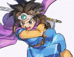 Rule 34 | 1girl, aqua gemstone, artist name, belt, betabetamaru, black eyes, blue tunic, brown belt, brown gloves, brown hair, cape, circlet, commentary request, dragon quest, dragon quest iii, earrings, floating cape, floating clothes, floating hair, gem, gloves, glowing, glowing sword, glowing weapon, heroine (dq3), highres, holding, holding shield, holding sword, holding weapon, incoming attack, jewelry, looking ahead, open mouth, pants, partial commentary, purple cape, roto (dq3), scabbard, sheath, shield, short hair, silver circlet, solo, spiked hair, stud earrings, sword, tunic, twitter username, unsheathed, v-shaped eyebrows, watermark, weapon, white background, yellow pants, yellow sleeves
