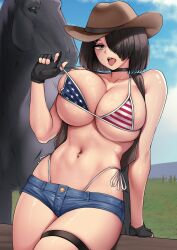 1girl american_flag american_flag_bikini american_flag_print bikini bikini_top_pull breasts choker cowboy_hat denim denim_shorts ela_angraeni_(rev60) fence fingerless_gloves flag_print flag_print_bikini gloves hair_ornament hair_over_one_eye hat highleg highleg_bikini highres horse midriff navel navel_piercing open_clothes open_vest original piercing print_bikini rev60 shorts side-tie_bikini_bottom swimsuit thigh_strap thong tongue tongue_out vest wooden_fence