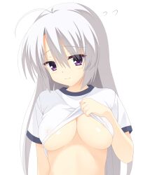1girl 3: absurdres ahoge alternate_costume areola_slip arm_at_side ayachi_nene blush breasts closed_mouth clothes_lift commentary_request covered_erect_nipples embarrassed eyes_visible_through_hair flying_sweatdrops grey_hair gym_shirt gym_uniform hair_between_eyes hand_up highres kaon_zz large_breasts lifting_own_clothes long_hair looking_at_viewer no_bra paid_reward_available purple_eyes sanoba_witch shirt shirt_lift short_sleeves simple_background solo split_mouth straight_hair upper_body white_background white_shirt