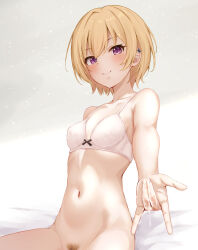 Rule 34 | 1girl, \m/, after masturbation, blonde hair, blush, bra, breasts, ca paria, collarbone, commentary request, earclip, female pubic hair, fingernails, idolmaster, idolmaster shiny colors, looking at viewer, navel, out-of-frame censoring, pink eyes, pubic hair, pussy juice, saijo juri, short hair, sitting, small breasts, smile, solo, stomach, underwear, white bra