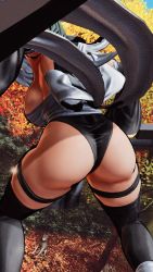 1girl 3d apron ass ass_focus black_hair black_leotard blue_sky breasts butterfly_swords curvy forest highleg highleg_leotard highres holding holding_weapon huge_ass iroha_(samurai_spirits) leotard maid maid_headdress nature samurai_spirits screencap shiny_skin sideboob skindentation sky solo thighhighs third-party_edit thong_leotard weapon wide_hips