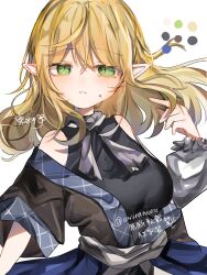blonde_hair breasts green_eyes highres medium_breasts mizuhashi_parsee osyorasyora pointing pointy_ears tears touhou twitter_username
