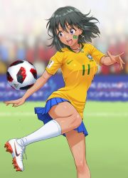 1girl 2018_fifa_world_cup adidas ball black_hair blue_skirt blurry blush brazil brazilian_flag breasts cleats clothes_writing dark-skinned_female dark_skin depth_of_field earrings facepaint female_focus flag grass grey_hair highres idolmaster idolmaster_cinderella_girls jersey jewelry kicking kneehighs medium_breasts natalia_(idolmaster) necklace nigou nike_(company) open_mouth outdoors pleated_skirt purple_eyes shoelaces short_hair short_sleeves skirt smile soccer soccer_ball soccer_uniform socks solo sportswear standing sweat telstar_18 white_socks world_cup
