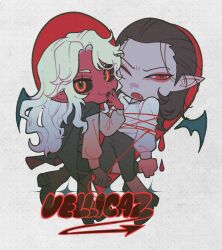 2boys baldur&#039;s_gate baldur&#039;s_gate_3 black_hair bound cazador_szarr chibi colored_skin dungeons_&amp;_dragons dungeons_&amp;_dragons fang full_body highres long_hair multiple_boys narrowed_eyes pointy_ears red_eyes red_skin ship_name tied_up_(nonsexual) vellioth viol_vrt yaoi