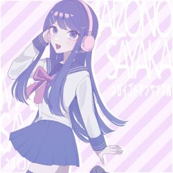 1girl :d black_sailor_collar blush bow bowtie cowboy_shot danganronpa:_trigger_happy_havoc danganronpa_(series) dao_(li_0069) from_side headphones long_hair maizono_sayaka miniskirt open_mouth pleated_skirt purple_hair red_bow red_bowtie sailor_collar shirt skirt smile solo striped_background white_background white_shirt