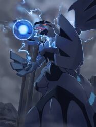 absurdres claws cloud cloudy_sky commentary_request energy_ball fangs from_below gen_5_pokemon highres legendary_pokemon looking_down nintendo no_humans open_mouth outdoors pillar pokemon pokemon_(creature) sky solo standing vrtra_enzyu zekrom zekrom_(overdrive)