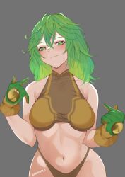 1girl absurdres aged_up boku_no_hero_academia breasts closed_mouth commentary english_commentary gloves green_eyes green_hair grey_background hagakure_toru highres joshyjoshj large_breasts looking_at_viewer messy_hair navel official_alternate_costume simple_background smile solo unusually_visible