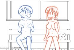Rule 34 | 2girls, amakazari eri, bag, bench, breasts, city (arawi keiichi), closed mouth, collarbone, completely nude, covering nipples, covering privates, e10109, flat chest, large breasts, looking at viewer, makabe matsuri, multiple girls, navel, nude, open mouth, outdoors, public indecency, public nudity, short hair, sketch, smile, spot color, window