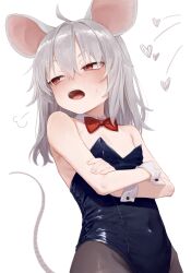 1girl absurdres animal_ears black_pantyhose blue_leotard blush bow bowtie breasts commentary_request covered_navel cowboy_shot crossed_arms detached_collar grey_hair heart highleg highleg_leotard highres leotard long_hair mouse_ears mouse_girl mouse_tail nanihatomoare open_mouth original pantyhose playboy_bunny red_bow red_bowtie red_eyes simple_background small_breasts solo strapless strapless_leotard tail teeth upper_teeth_only white_background wrist_cuffs