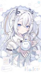1girl animal black_ribbon blonde_hair blue_background blue_bow blue_eyes blue_ribbon blue_shirt bow cloud collar diamond_hair_ornament double-parted_bangs flower gold_trim grid_background hair_between_eyes hair_bow hair_intakes hair_ornament hair_ribbon haku_(kumorimuu) heart heart_hair_ornament holding holding_animal kumorimuu long_hair long_sleeves looking_at_viewer multicolored_eyes multicolored_hair original pink_eyes pleated_skirt pomeranian_(dog) puffy_sleeves ribbon see-through_clothes see-through_sleeves shirt skirt sleeves_past_wrists smile solo streaked_hair twitter_username two-tone_eyes two-tone_hair two_side_up upper_body very_long_hair white_collar white_dog white_hair white_skirt wrist_bow wrist_ribbon