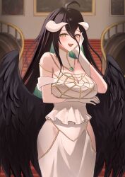 1girl absurdres ahoge albedo_(overlord) aqua_hair arm_under_breasts black_hair black_wings blush breasts collar colored_inner_hair demon_girl dress feathered_wings gloves gold_trim hair_between_eyes hand_on_own_cheek hand_on_own_face highres horns large_breasts long_hair multicolored_hair open_mouth overlord_(maruyama) painting_(object) smile solo stairs white_collar white_dress white_gloves white_horns wings yellow_eyes zawa_(beat7327)