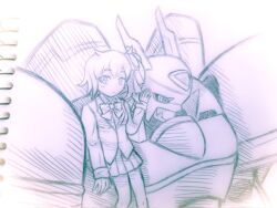 Rule 34 | aiba ami, alphamon, blue eyes, digimon, digimon (creature), digimon story: cyber sleuth, goggles, goggles on head, highres, long hair, monochrome, red hair, sidetail, traditional media