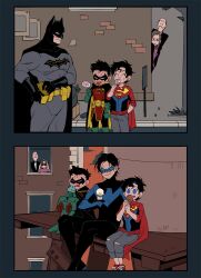 1girl 2koma 5boys alfred_pennyworth bald batman batman_(series) belt binoculars black_hair blue_eyes bodysuit brothers brown_hair bruce_wayne candy cape comic damian_wayne dc_comics dick_grayson domino_mask eating facial_hair father_and_son food friends green_footwear highres hokkemaruyaki holding holding_food ice_cream jonathan_kent lois_lane lollipop mask mother_and_son multiple_boys mustache nightwing peeking robin_(dc) siblings smile super_sons superboy superhero_costume superman_(series) tongue tongue_out torn_clothes utility_belt