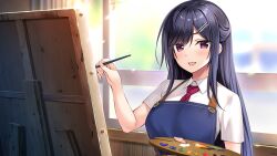 1girl :d akebi_saki amaemi-longing_for_you- apron bare_arms blue_apron blue_hair blush breasts canvas_(object) collared_shirt eyes_visible_through_hair hair_ornament hairclip hand_up holding holding_paintbrush indoors large_breasts long_hair looking_at_viewer necktie official_art open_mouth oryo_(oryo04) paintbrush painting_(action) red_eyes red_necktie school_uniform shirt short_sleeves smile solo swept_bangs upper_body variant_set white_shirt window wing_collar