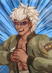 1boy black_hair blue_background dark-skinned_male dark_skin looking_at_viewer male_focus multicolored_hair muscular muscular_male open_mouth scar simple_background solo solo_focus sunglasses teeth the_hundred_line_-last_defense_academy- upper_body upper_teeth_only white_hair yakushiji_takemaru