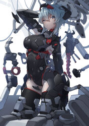 1girl arm_up black_leotard black_thighhighs blue_eyes blue_hair bodysuit breasts closed_mouth covered_navel grey_eyes hair_between_eyes headgear highres kneeling large_breasts leotard looking_at_viewer mecha_musume original ringobatake science_fiction short_hair sidelocks solo thighhighs