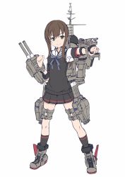 Rule 34 | 1girl, adapted costume, adapted turret, black hair, black skirt, cannon, commentary request, female focus, fubuki (kancolle), green eyes, highres, kantai collection, low ponytail, machinery, mast, minosu, original remodel (kantai collection), pleated skirt, ponytail, sailor collar, school uniform, serafuku, ship turret, short ponytail, sidelocks, simple background, skirt, solo, standing, sweater vest, torpedo launcher, white background, white sailor collar