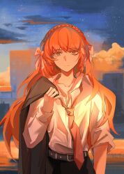 1girl absurdres belt black_belt black_pants bow collared_shirt cowboy_shot dress_shirt expressionless freckles hair_bow hairband highres ishmael_(project_moon) jing_an_yao limbus_company long_hair looking_at_viewer loose_necktie multicolored_sky necktie open_collar orange_hair over_shoulder pants project_moon shirt sky sleeve_rolled_up solo star_(sky) starry_sky sunset white_shirt