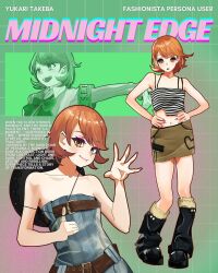 1girl alternate_costume armband bare_shoulders belt black_boots black_hat blush boots bow bowtie brown_belt brown_eyes brown_hair brown_skirt character_name commentary cover cowboy_shot crop_top davoxime dress english_commentary english_text fake_magazine_cover full_body gekkoukan_high_school_uniform grid_background hand_up hands_on_own_hips hat highres looking_at_viewer magazine_cover medium_hair midriff miniskirt multiple_views navel open_mouth persona persona_3 school_uniform shirt skirt smile strapless strapless_dress striped_clothes striped_shirt swept_bangs takeba_yukari unworn_hat unworn_headwear