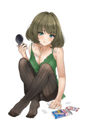 1girl :i bandaid bandaid_on_breast bandaid_on_neck bandaid_on_shoulder bite_mark bite_mark_on_breast bite_mark_on_neck black_pantyhose breasts camisole cleavage collarbone green_camisole green_eyes hamedoragon hickey highres idolmaster idolmaster_cinderella_girls knees_up looking_at_viewer medium_breasts mole mole_under_eye nail_polish panties panties_under_pantyhose pantyhose sitting solo striped_clothes striped_pantyhose takagaki_kaede underwear white_panties