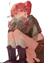 Rule 34 | 1girl, absurdres, ahoge, black boots, black shirt, black skirt, boots, cropped shirt, drill hair, grey shirt, hair between eyes, hands on own cheeks, hands on own face, highres, kanikamaumai, kasane teto, kasane teto (voicepeak), kneehighs, long hair, looking at viewer, midriff, red eyes, red hair, shirt, simple background, sitting, skirt, socks, solo, three quarter view, twin drills, twitter username, utau, voicepeak, white background, white socks