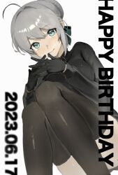 1girl absurdres ahoge black_gloves black_jacket black_ribbon black_thighhighs dated fate_(series) gloves gray_(fate) green_eyes grey_hair hair_bun happy_birthday highres interlocked_fingers jacket long_sleeves looking_at_viewer ribbon short_hair sitting smile solo thighhighs tokoni_fusu white_background