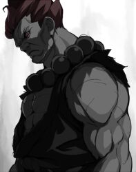 1boy akuma_(street_fighter) black_sclera black_shirt closed_mouth colored_sclera commentary_request dougi frown furrowed_brow glaring ichimat77760628 male_focus mature_male muscular muscular_male pectorals profile red_eyes red_hair shirt simple_background single_bare_shoulder solo street_fighter torn_clothes torn_sleeves upper_body white_background