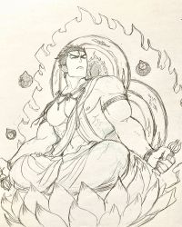 1boy abs absurdres aizen_(housamo) alternate_costume armlet arms_at_sides aura bara bare_pectorals bare_shoulders bracelet crossed_legs facial_mark fle0423 flower forehead_mark graphite_(medium) greyscale halo halo_behind_head highres jewelry large_pectorals lotus male_focus monochrome muscular muscular_male mythology navel nipples pectorals sash short_hair sketch solo tokyo_houkago_summoners traditional_media