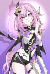 Rule 34 | 1girl, arrow (projectile), black shorts, blue eyes, breasts, cleavage, commentary request, corset, cowboy shot, elf, elysia (honkai impact), elysia (miss pink elf) (honkai impact), hair ornament, highres, holding, holding arrow, honkai (series), honkai impact 3rd, large breasts, lizi mogu, looking at viewer, pink hair, pointy ears, purple background, short shorts, shorts, shrug (clothing), smile, solo, thighs, white corset