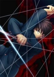 1boy black_hair fighting_stance highres holding holding_knife holding_weapon knife looking_at_viewer male_focus nanatsu-yoru reverse_grip school_uniform shoori_(migiha) slashing souya_high_school_uniform tohno_shiki tsukihime tsukihime_(remake) weapon