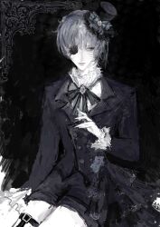 1boy black_background bow ciel_phantomhive collar commentary expressionless eyepatch frilled_collar frilled_sleeves frills hair_between_eyes hat highres kirkkafrr kuroshitsuji male_focus mini_hat short_hair shorts simple_background sitting solo striped_bow symbol-only_commentary thigh_strap victorian